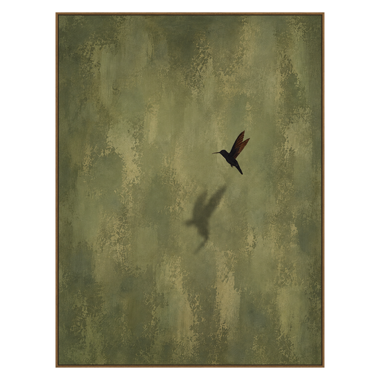 Olive Hover artwork in a natural wood frame on a transparent background.