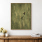 Olive Hover artwork displayed above a rustic wooden console in a bright room.