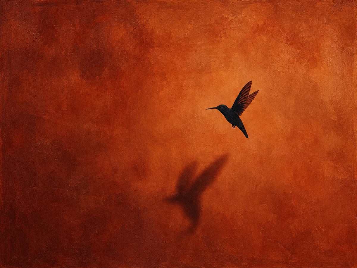 Ember Hover full artwork. A dark hummingbird hovers against a glowing orange and rust-red ground, with a soft winged shadow below.