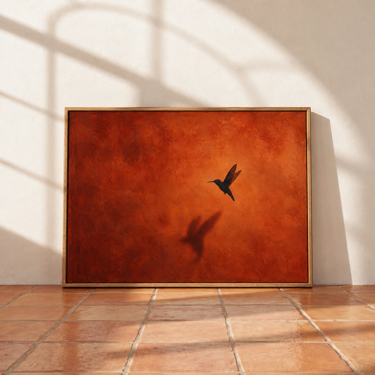 Ember Hover artwork displayed resting on a tiled floor against a sunlit wall.