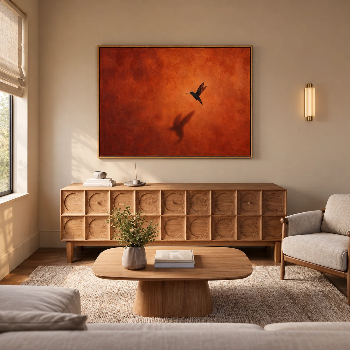 Ember Hover artwork displayed above a wooden sideboard beside lounge seating.