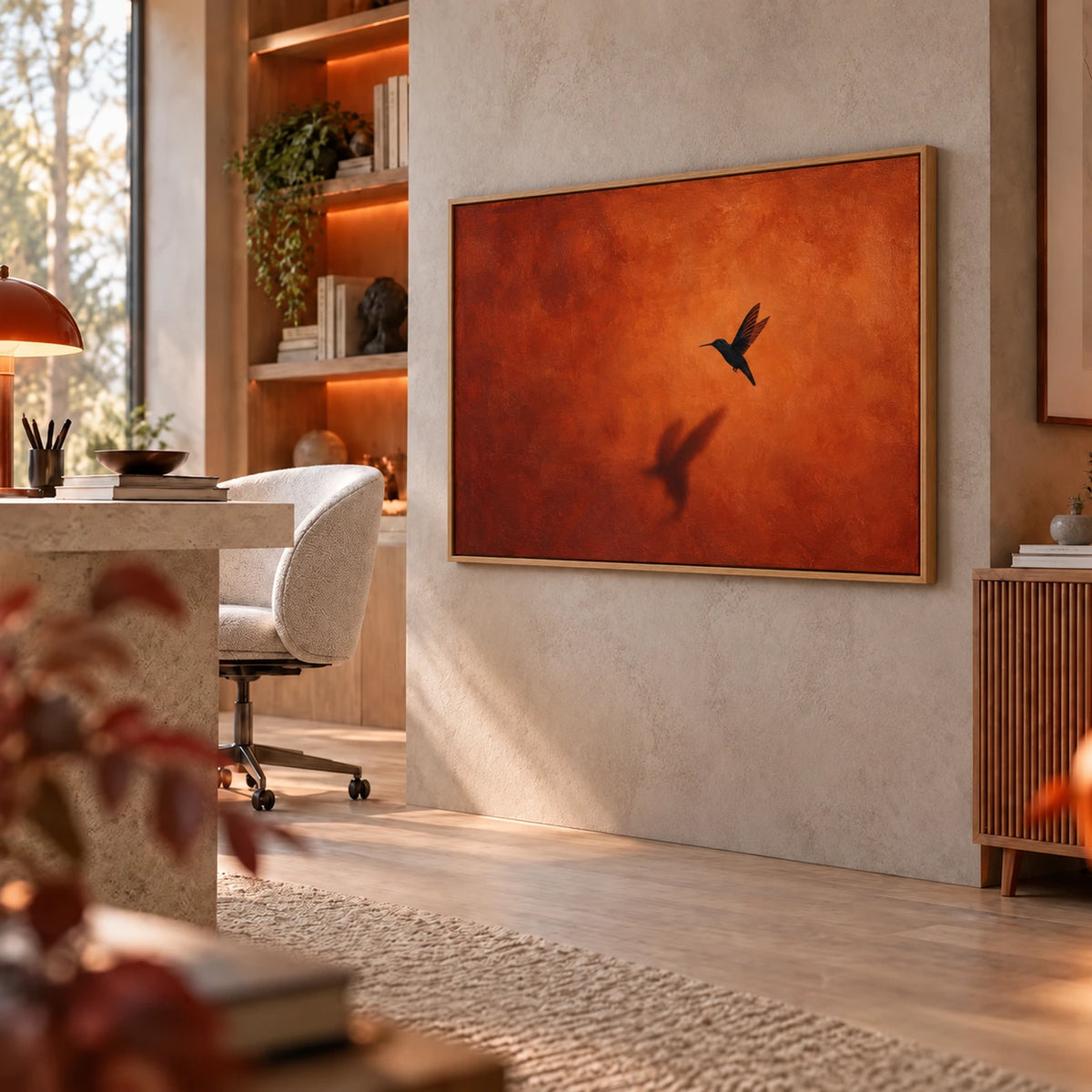 Ember Hover artwork displayed beside a home office nook and wooden shelves.