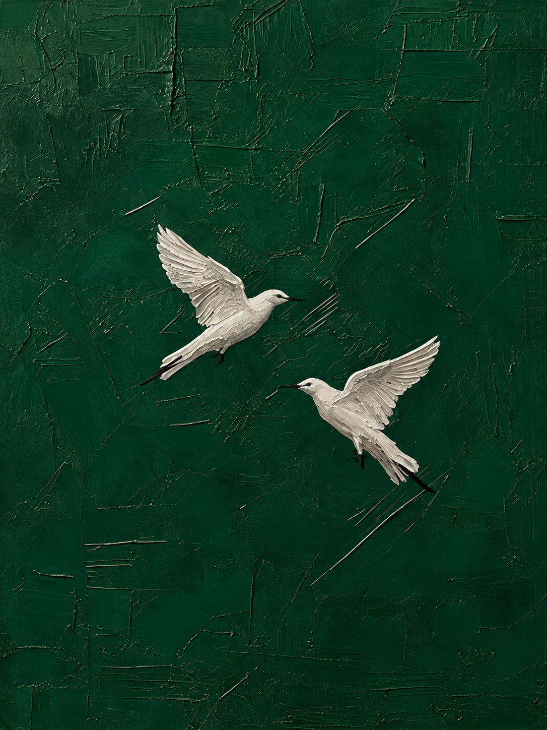 Emerald Flight full artwork. Two ivory birds sweep toward one another across a deep emerald-green ground.