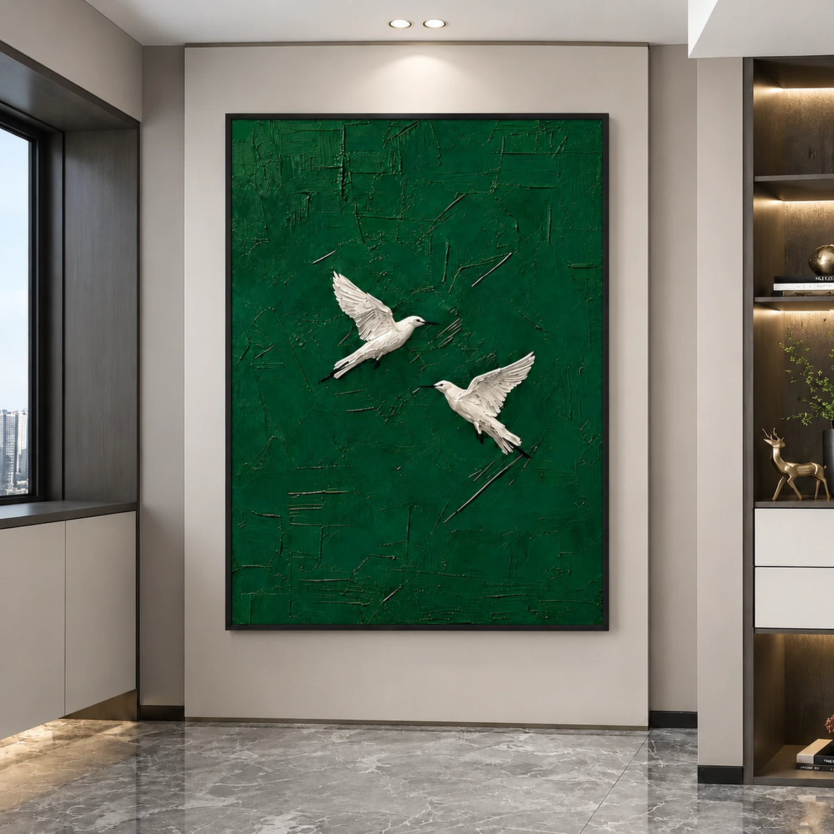 Emerald Flight artwork displayed on a light wall in a modern entryway.