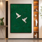 Emerald Flight artwork displayed beside illuminated display shelves and a green sculpture.
