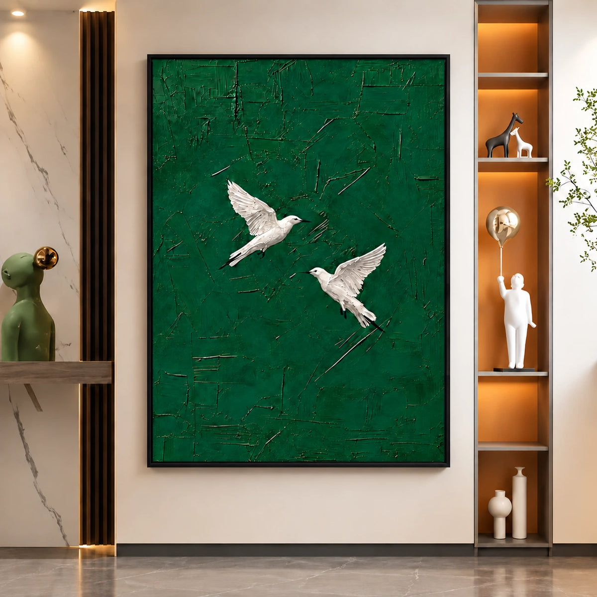 Emerald Flight artwork displayed beside illuminated display shelves and a green sculpture.