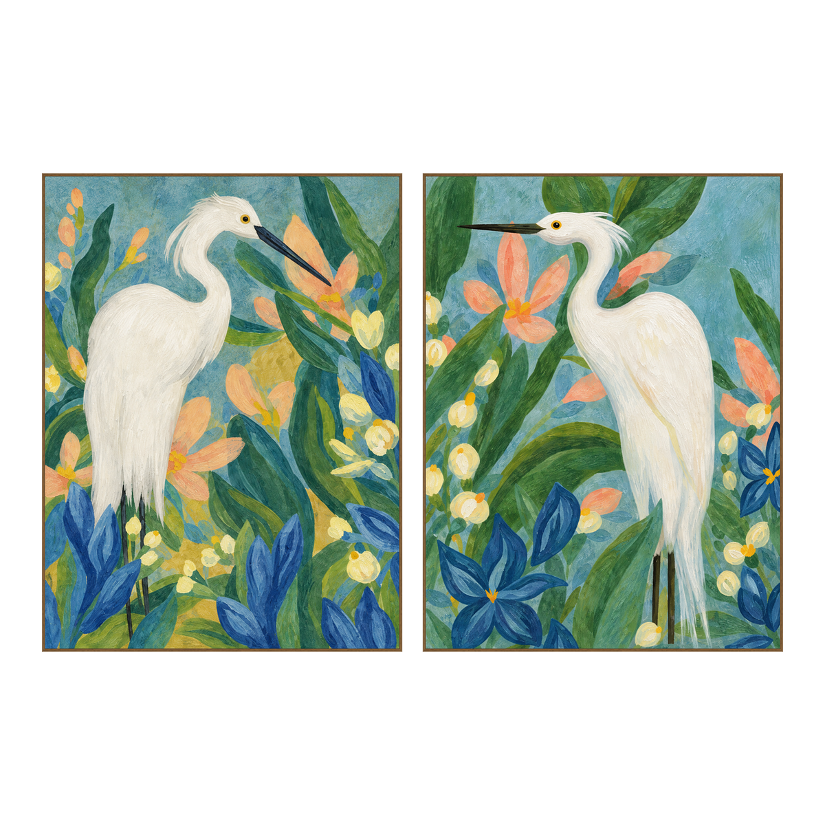 Heron Garden two-panel artwork set in matching slim frames on a transparent background.