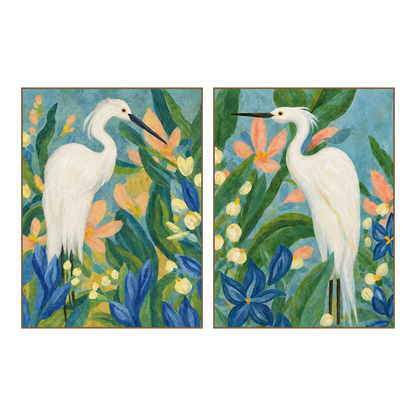Heron Garden two-panel artwork set in matching slim frames on a transparent background.