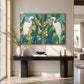 Heron Garden two-panel artwork set displayed above a dark console beside a bright window.
