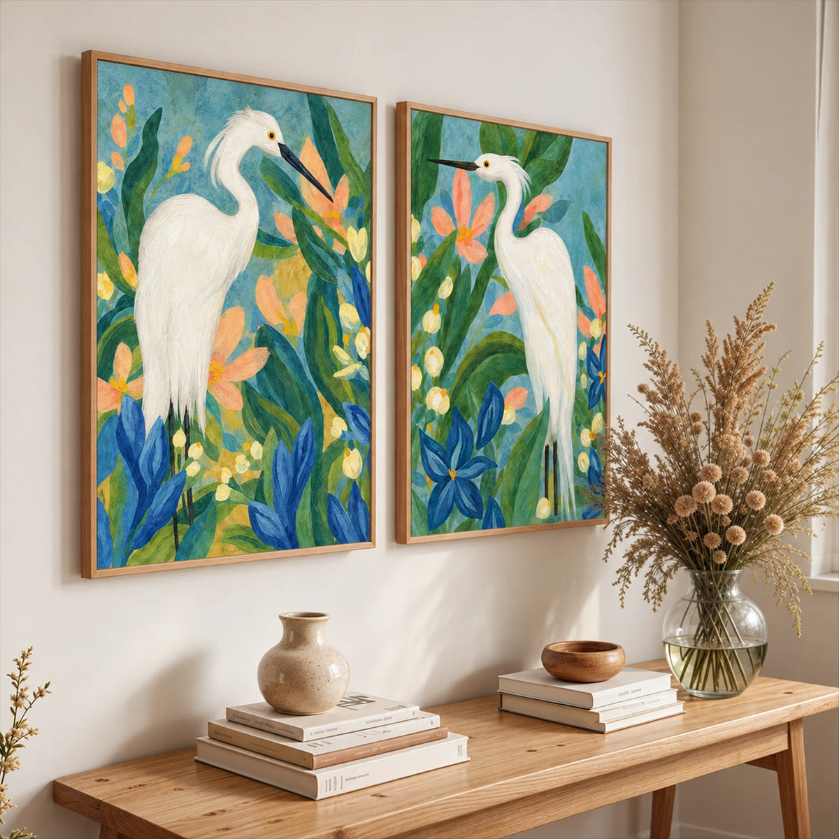 Heron Garden two-panel artwork set displayed above a wooden console with stacked books and pottery.