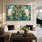 Heron Garden two-panel artwork set displayed above a pale sofa beside a window and piano.