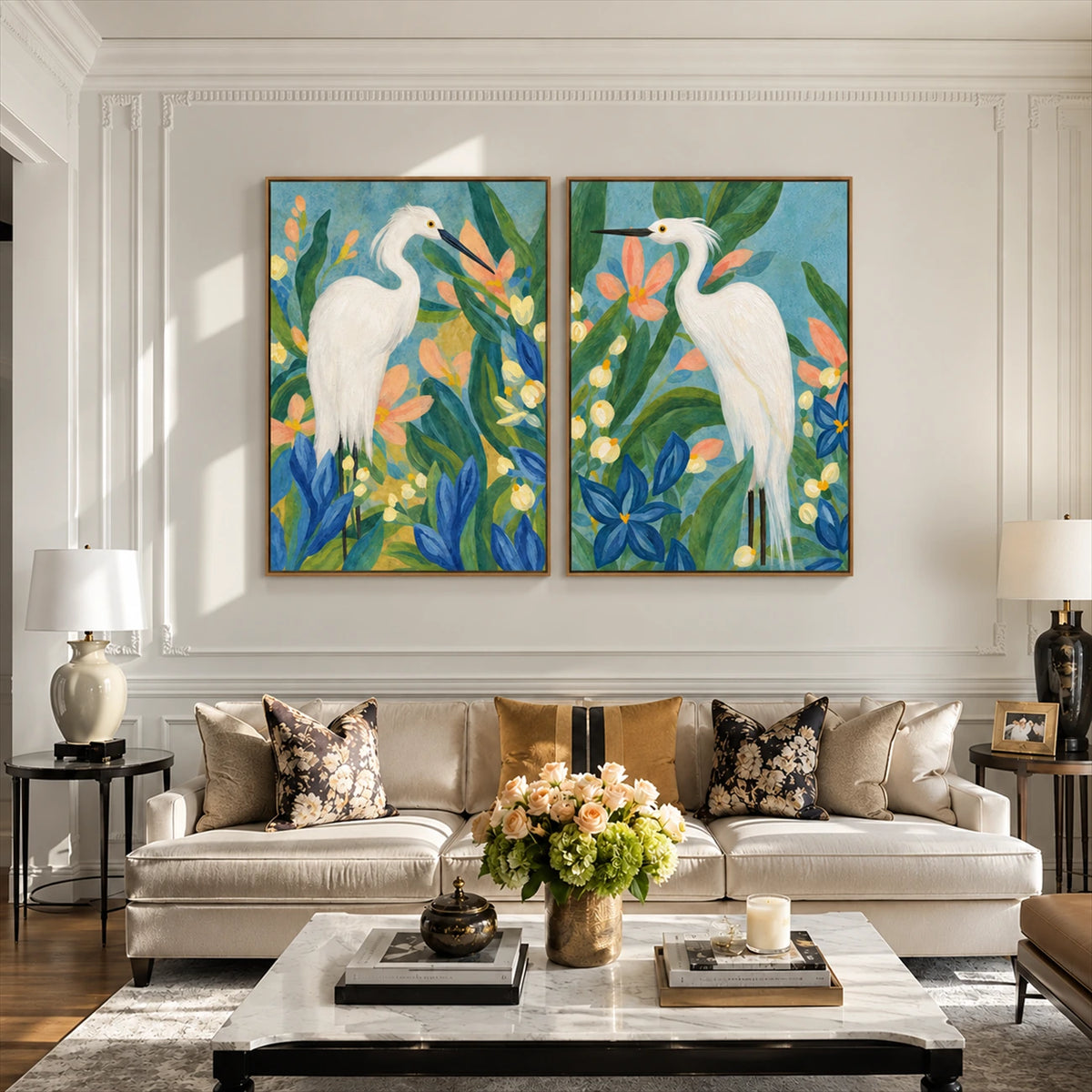 Heron Garden two-panel artwork set displayed above a tufted sofa in a paneled living room.
