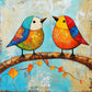 Chromatic Companions full artwork. Two brightly colored birds face each other on a curved branch, their patchwork plumage glowing in orange, yellow, turquoise, and deep blue.