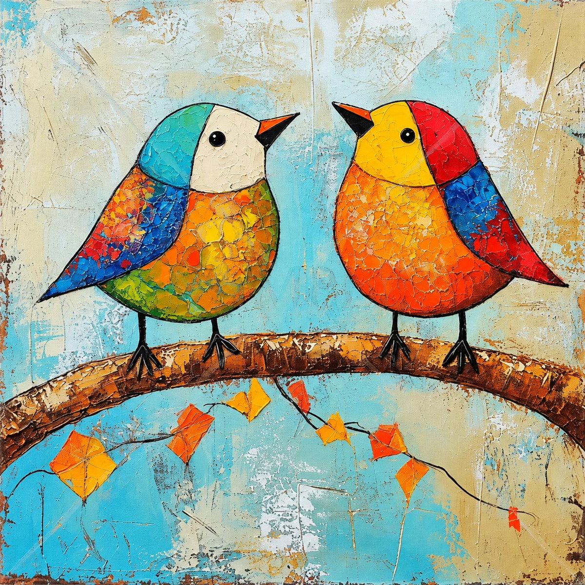 Chromatic Companions full artwork. Two brightly colored birds face each other on a curved branch, their patchwork plumage glowing in orange, yellow, turquoise, and deep blue.