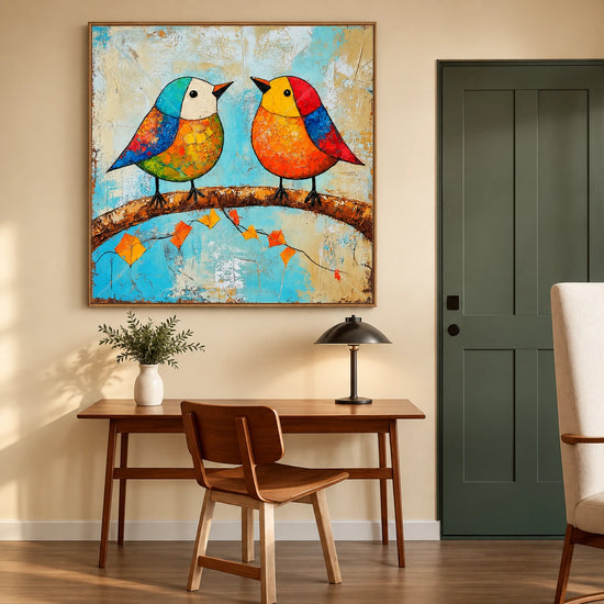 Chromatic Companions artwork displayed above a wooden desk beside a green door.