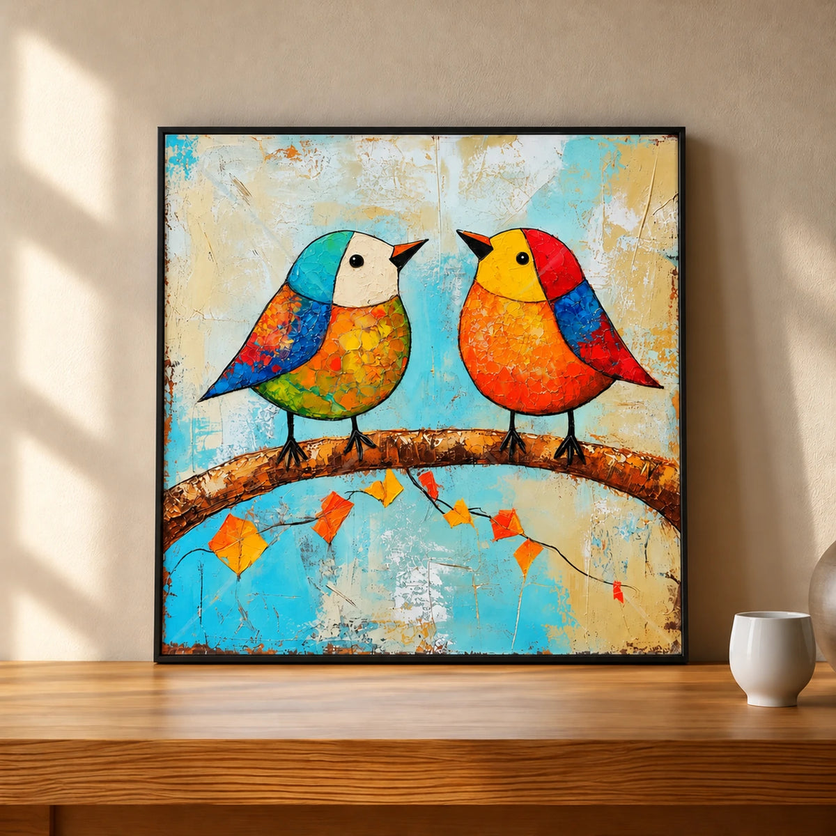 Chromatic Companions artwork displayed leaning on a wooden console in warm sunlight.