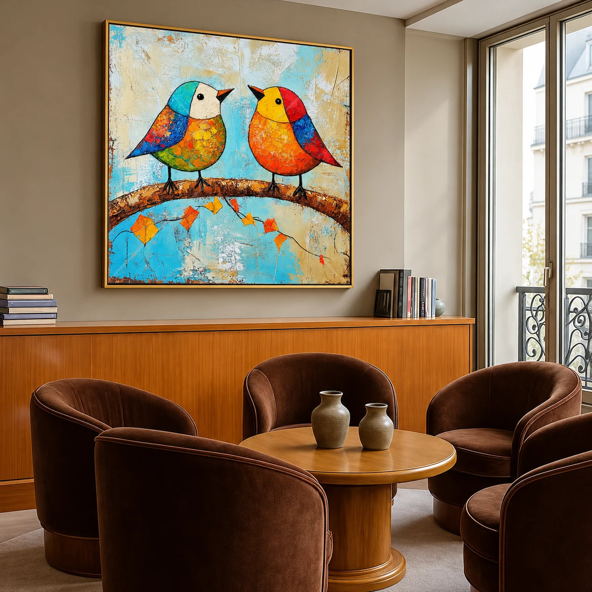 Chromatic Companions artwork displayed above a wooden sideboard behind brown lounge chairs.