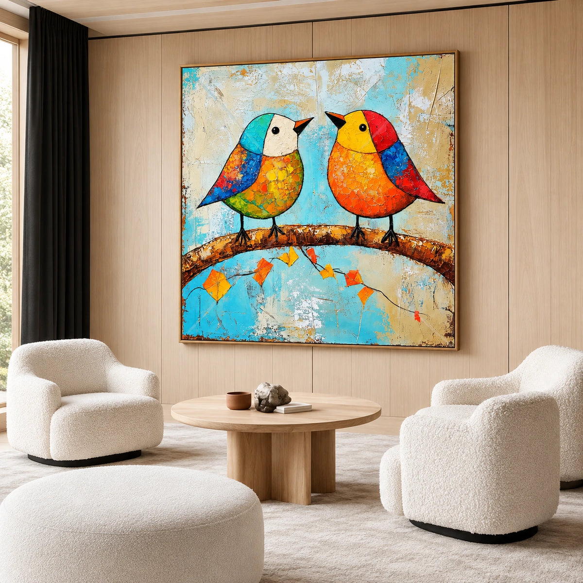 Chromatic Companions artwork displayed above a round table between white armchairs.