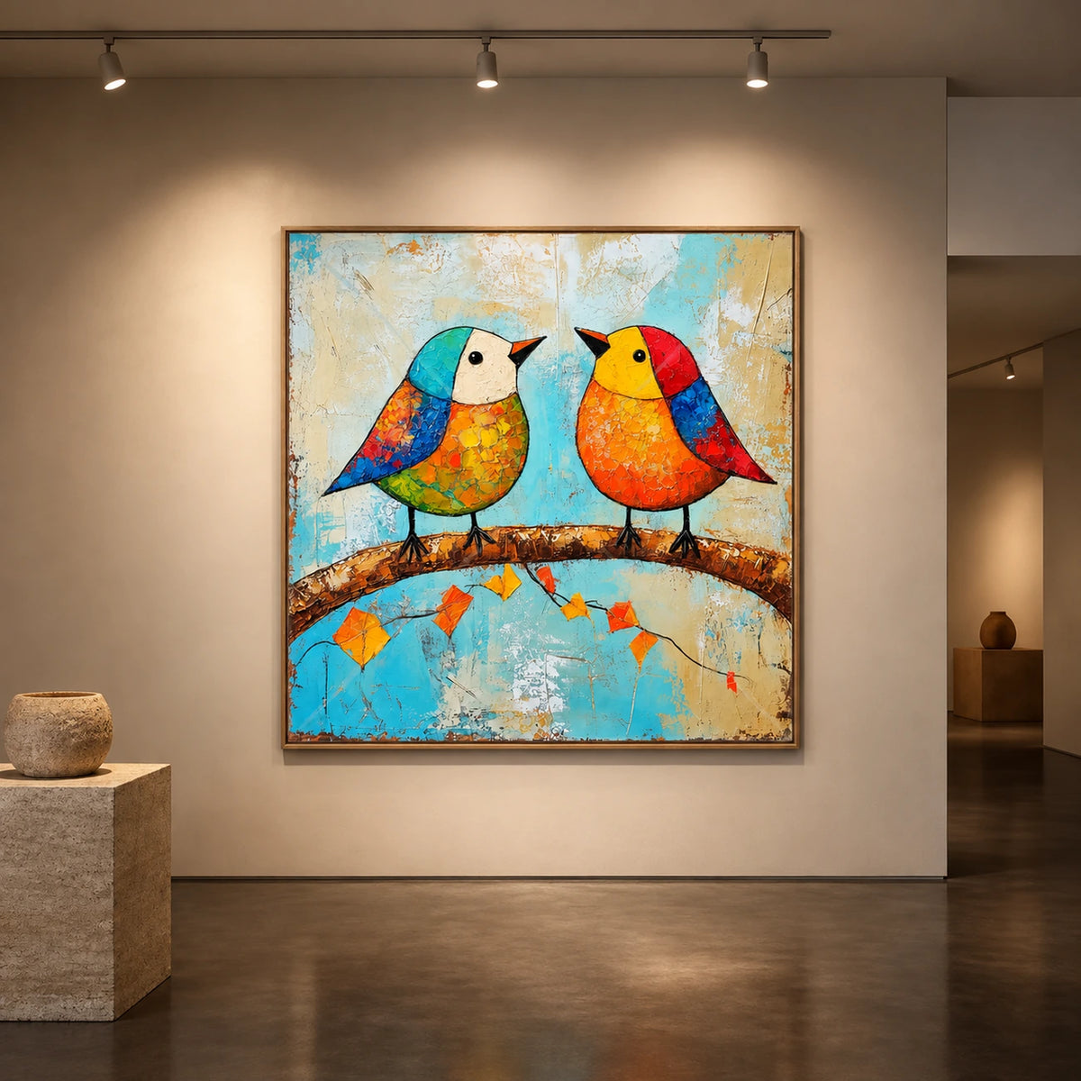 Chromatic Companions artwork displayed on a gallery wall beneath track lighting.