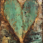 Patina Heart full artwork. A broad turquoise heart emerges from weathered layers of ochre, charcoal, and cream.
