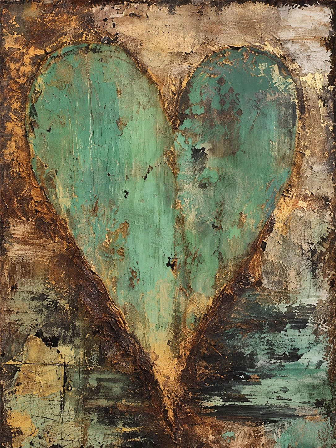 Patina Heart full artwork. A broad turquoise heart emerges from weathered layers of ochre, charcoal, and cream.
