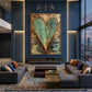 Patina Heart artwork displayed above a low console in a double-height lounge.