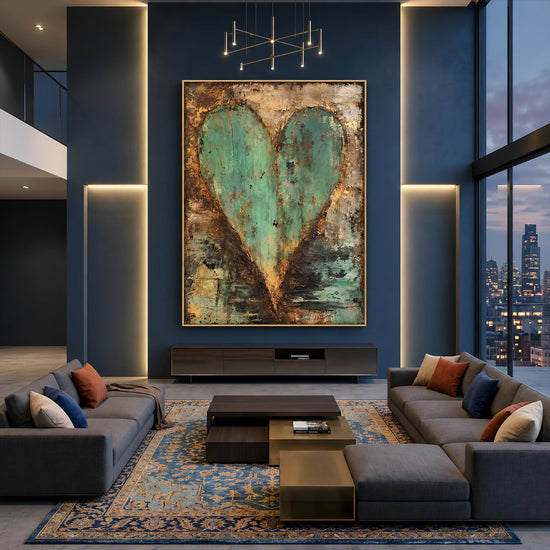 Patina Heart artwork displayed above a low console in a double-height lounge.