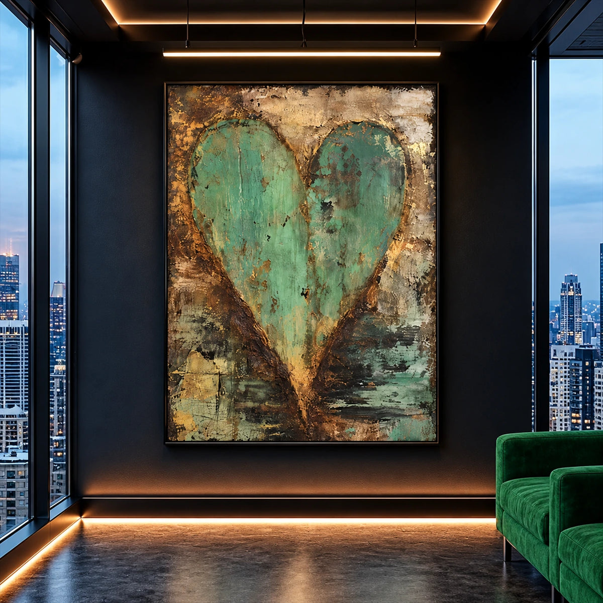 Patina Heart artwork displayed on a dark wall beside green seating.
