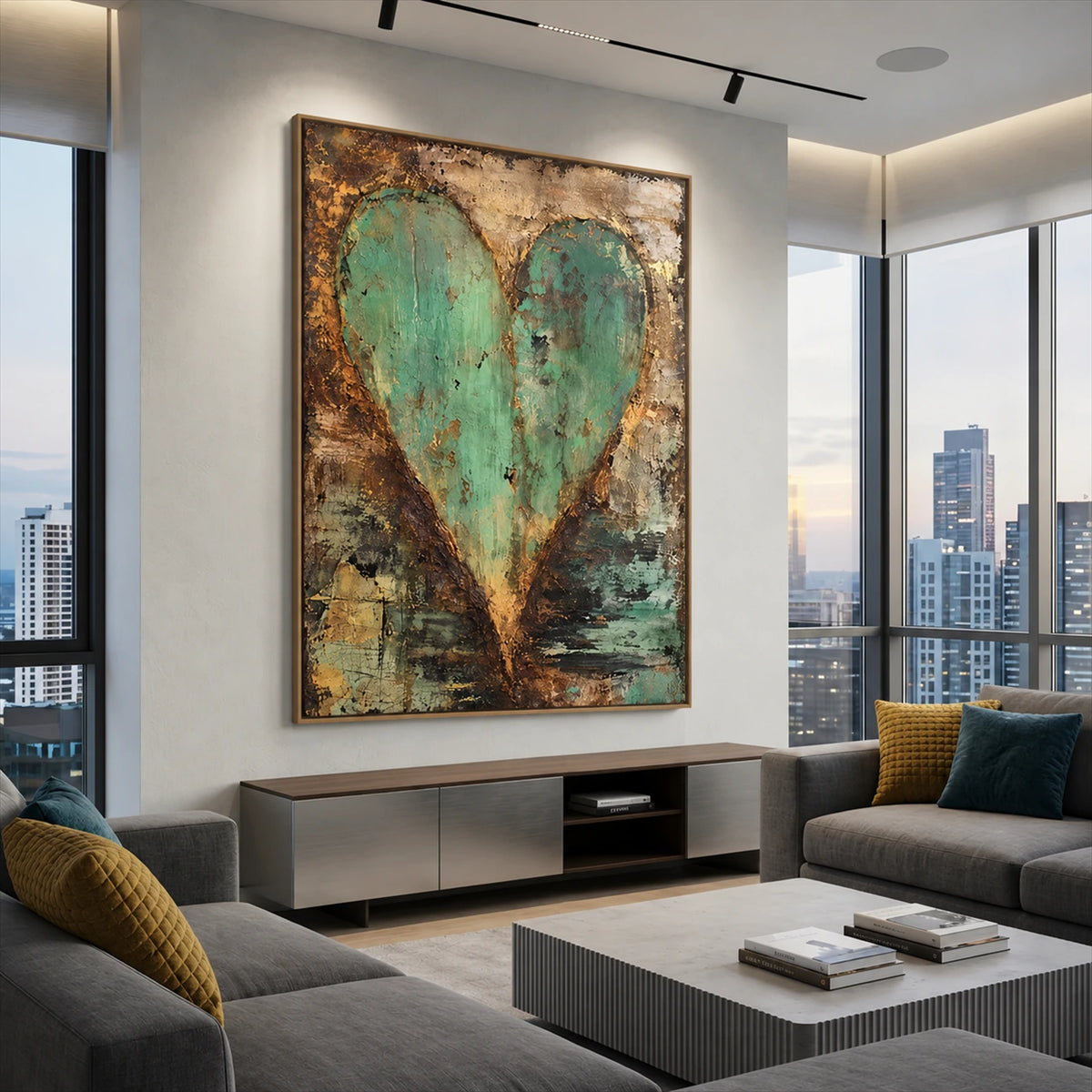 Patina Heart artwork displayed above a console beside gray sofas.