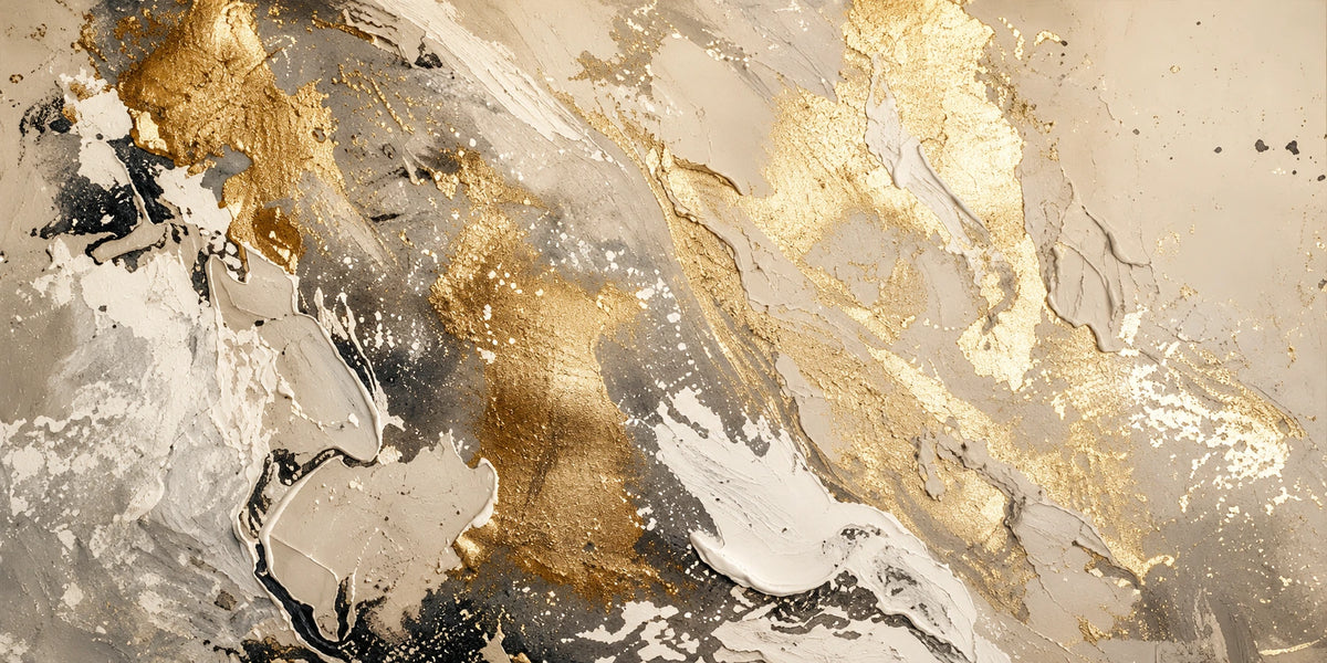 Gilded Confluence full artwork. Sweeping passages of ivory and warm gold cross a wide field of taupe, gray, and charcoal.