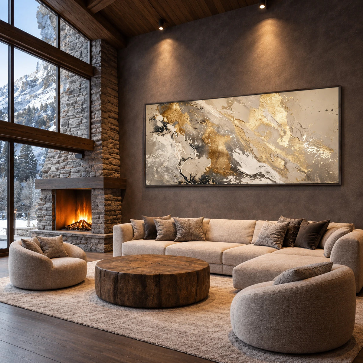 Gilded Confluence artwork displayed above a sectional sofa near a stone fireplace.