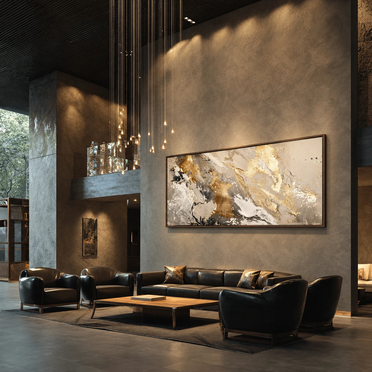 Gilded Confluence artwork displayed above black leather seating in a dark interior.