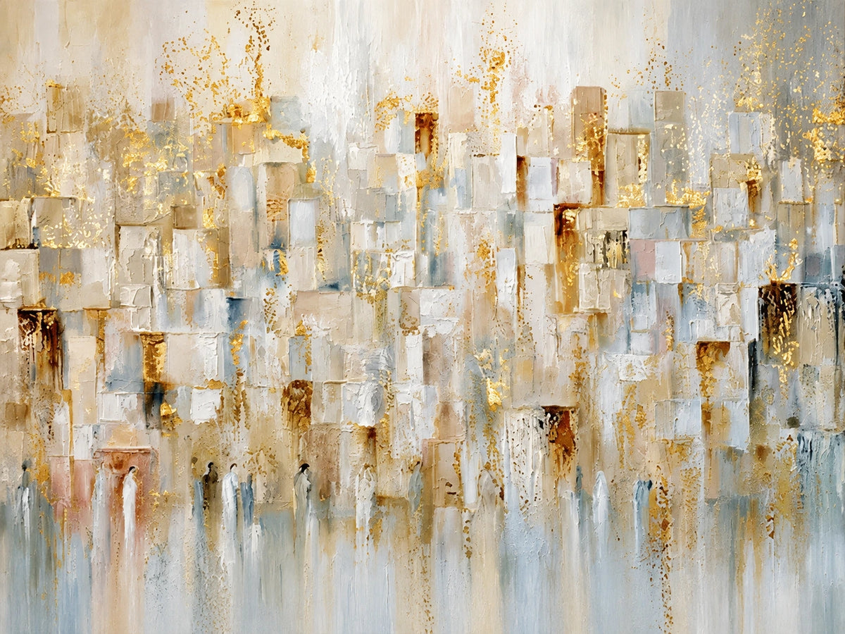 Gilded Fragments full artwork. Small rectangular passages of ivory, gold, and pale gray gather across a softly layered ground.