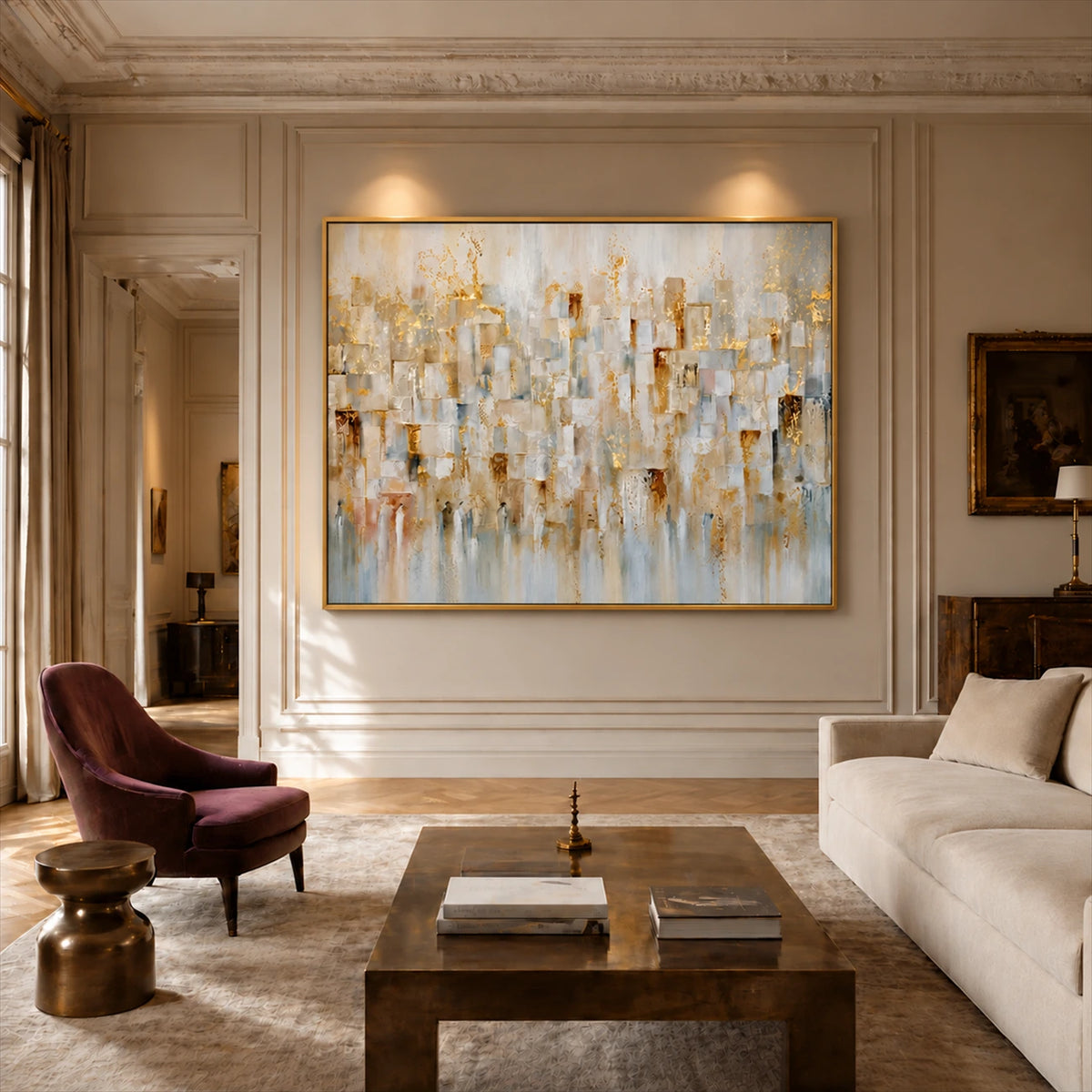 Gilded Fragments artwork displayed above a pale sofa in a paneled room.
