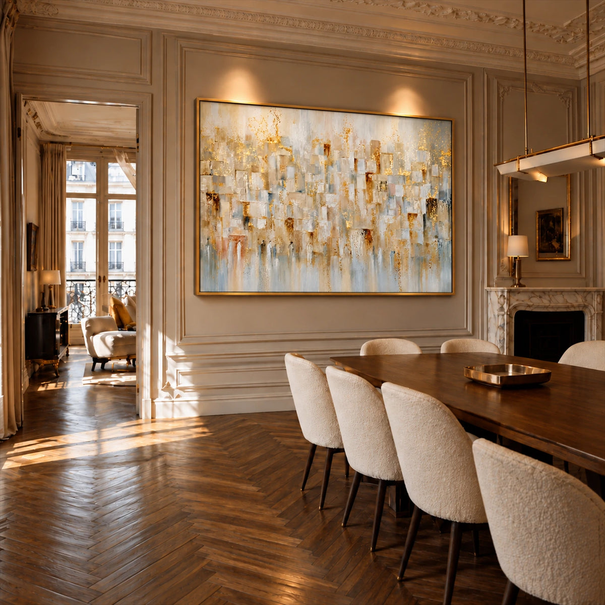 Gilded Fragments artwork displayed beside a dining table and cream upholstered chairs.