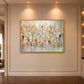 Gilded Fragments artwork displayed on a paneled wall above a parquet floor.