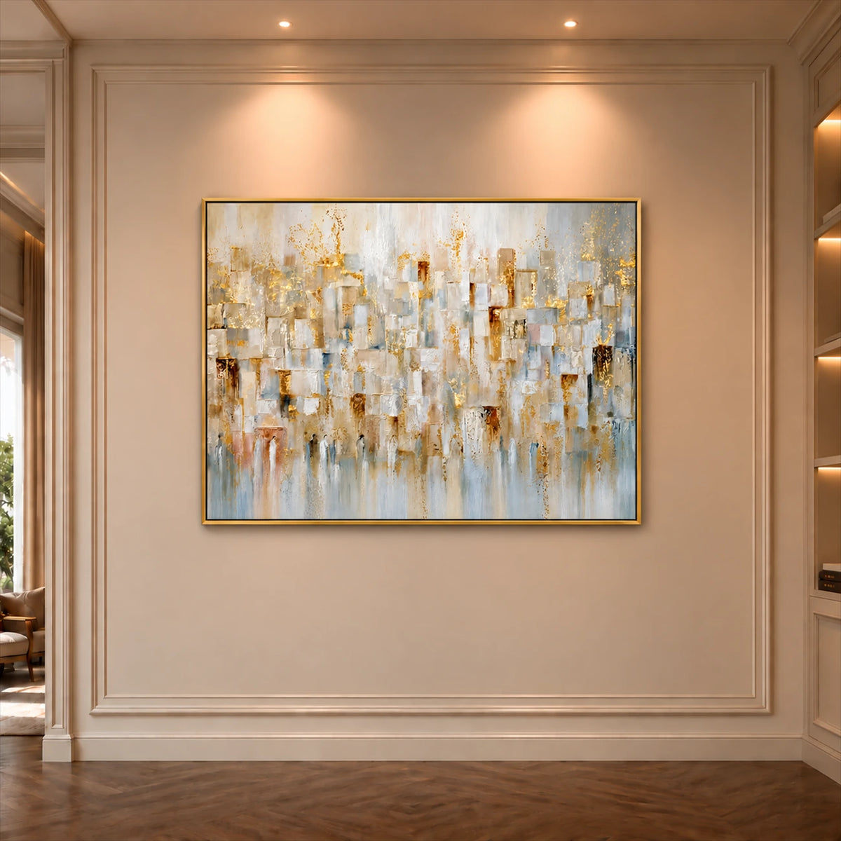 Gilded Fragments artwork displayed on a paneled wall above a parquet floor.