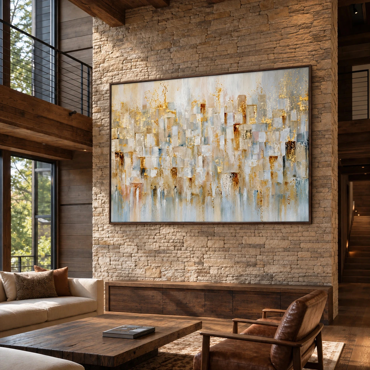 Gilded Fragments artwork displayed above neutral seating on a stone wall.