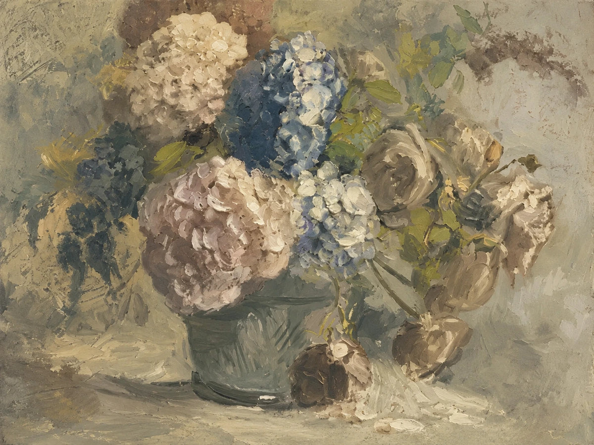 Faded Hydrangeas full artwork. Cloudlike hydrangea blossoms in cream, dusty pink, and muted blue spill from a green vessel.