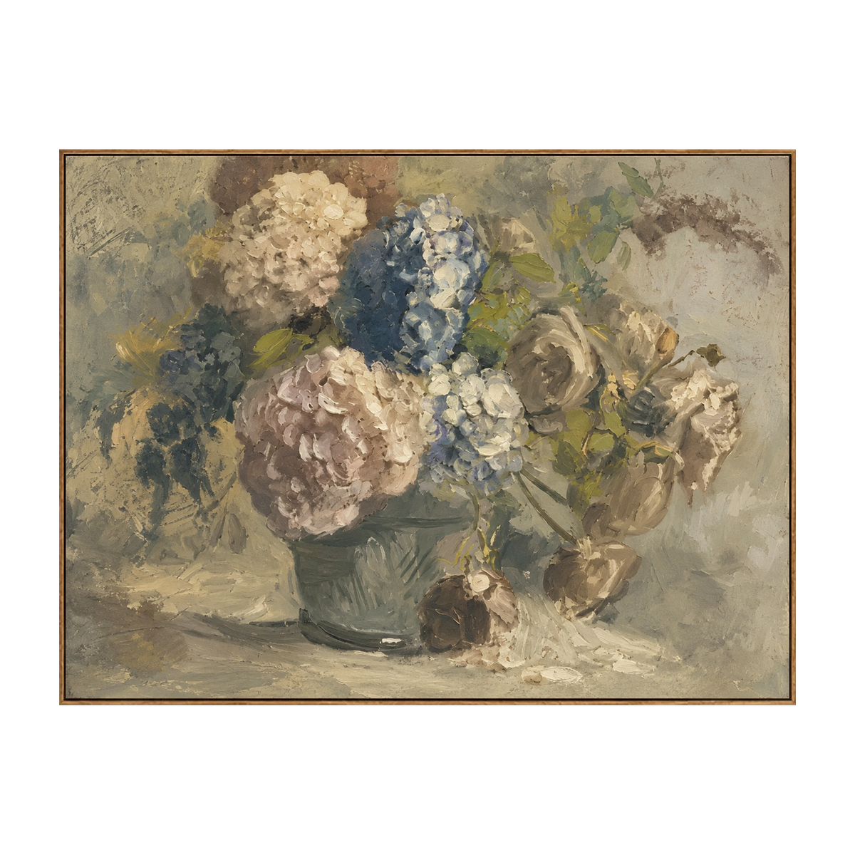 Faded Hydrangeas artwork in a natural wood frame on a transparent background.