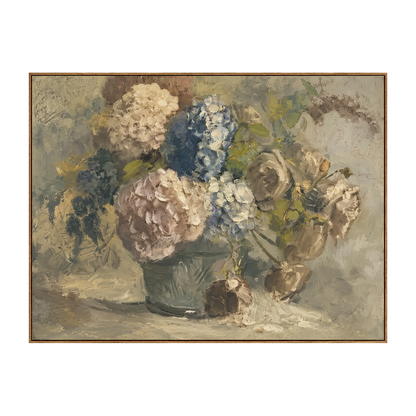 Faded Hydrangeas artwork in a natural wood frame on a transparent background.