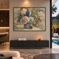 Faded Hydrangeas artwork displayed above a dark console beside an open terrace.