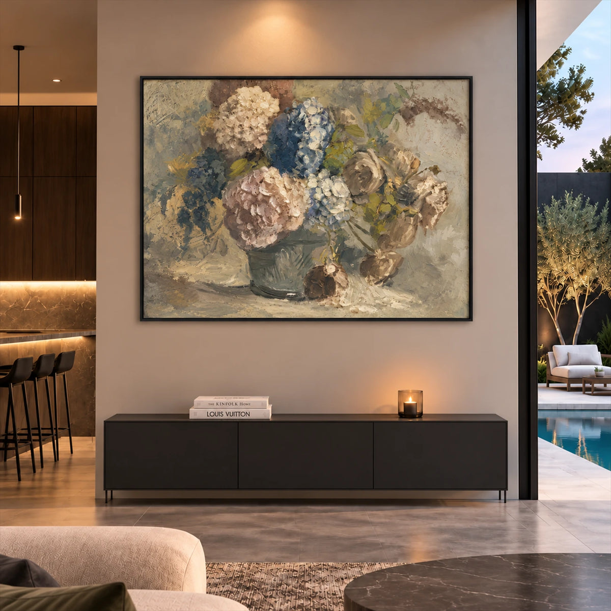 Faded Hydrangeas artwork displayed above a dark console beside an open terrace.