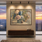 Faded Hydrangeas artwork displayed above a wooden sideboard overlooking distant hills.