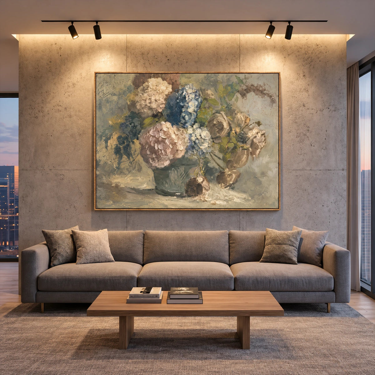Faded Hydrangeas artwork displayed above a gray sofa beneath track lighting.