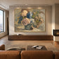 Faded Hydrangeas artwork displayed above a wooden cabinet beside a fireplace.