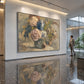 Faded Hydrangeas artwork displayed on a reflective corridor wall.