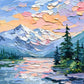 Alpine Afterglow full artwork. Snowy mountain peaks rise beyond a still lake beneath a pastel sky of peach, lilac, and blue.