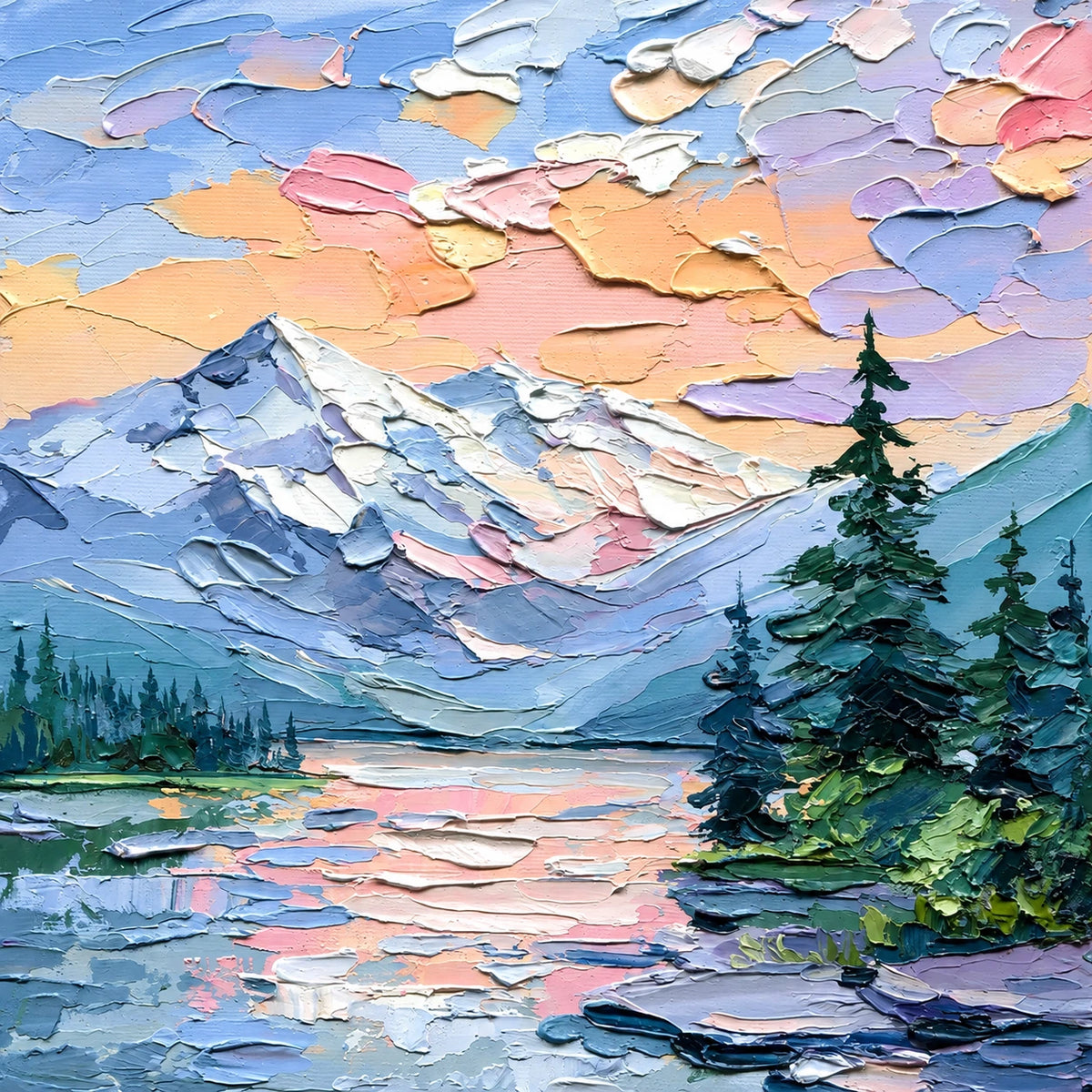 Alpine Afterglow full artwork. Snowy mountain peaks rise beyond a still lake beneath a pastel sky of peach, lilac, and blue.