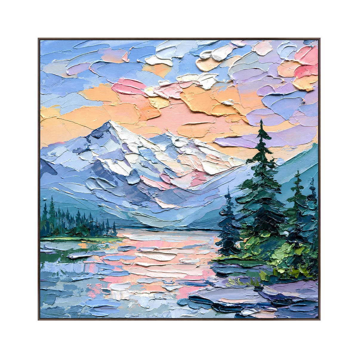 Alpine Afterglow artwork in a dark wood frame on a transparent background.